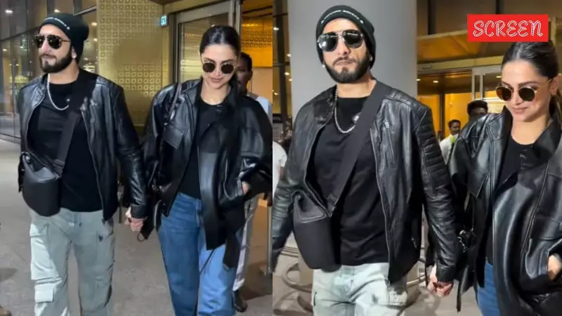 Ranveer Singh & Deepika Padukone Twin in Leather Jackets at Mumbai Airport After NYC Vacation