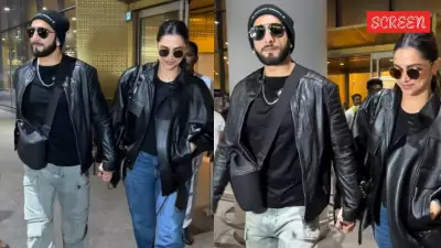 Ranveer Singh & Deepika Padukone Twin in Leather Jackets at Mumbai Airport After NYC Vacation