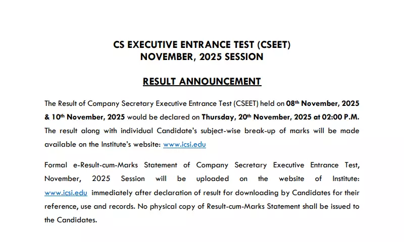 ICSI CSEET November 2025 Result Declares Tomorrow at 2 PM