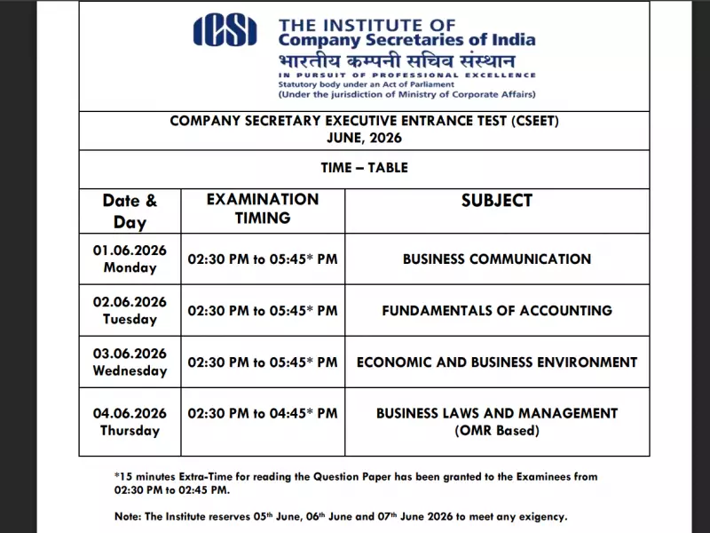 ICSI CSEET June 2026 Timetable Released: Exams from June 1-4