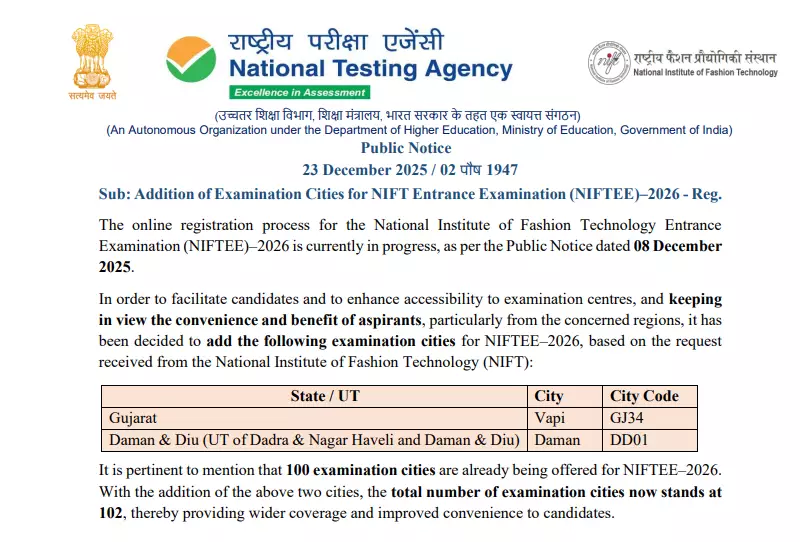NIFTEE 2026 Expands to 102 Cities: Vapi & Daman Added as New Centres