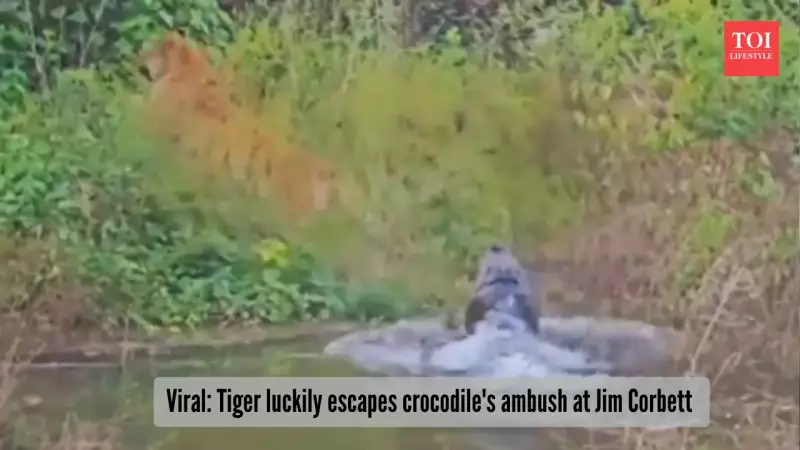 Tiger's Lightning Reflexes Save It From Crocodile Ambush at Jim Corbett