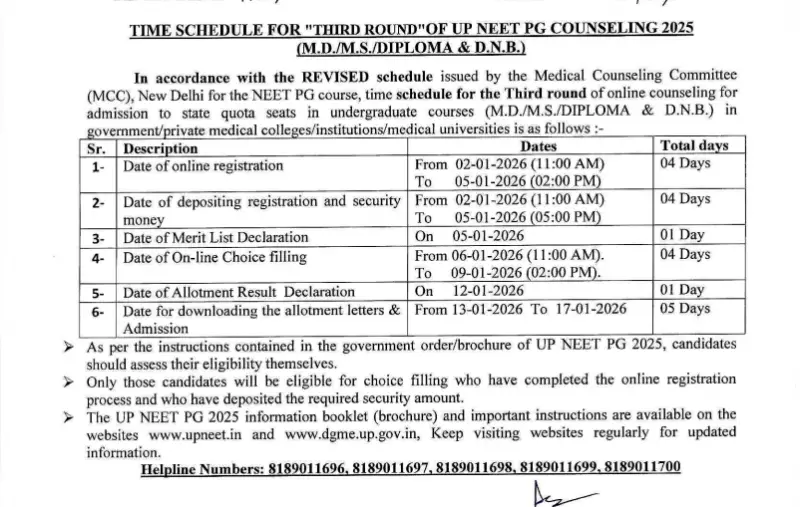 UP NEET PG 2025 Counselling Round 3 Schedule Announced: Key Dates