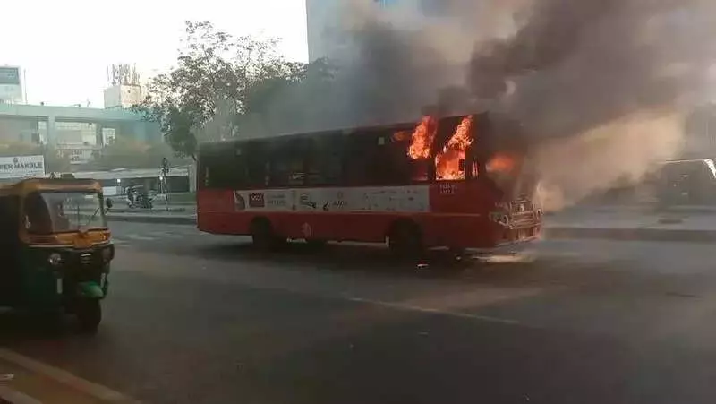 AMTS Bus Catches Fire on Ahmedabad's SG Road, All Passengers Escape Safely
