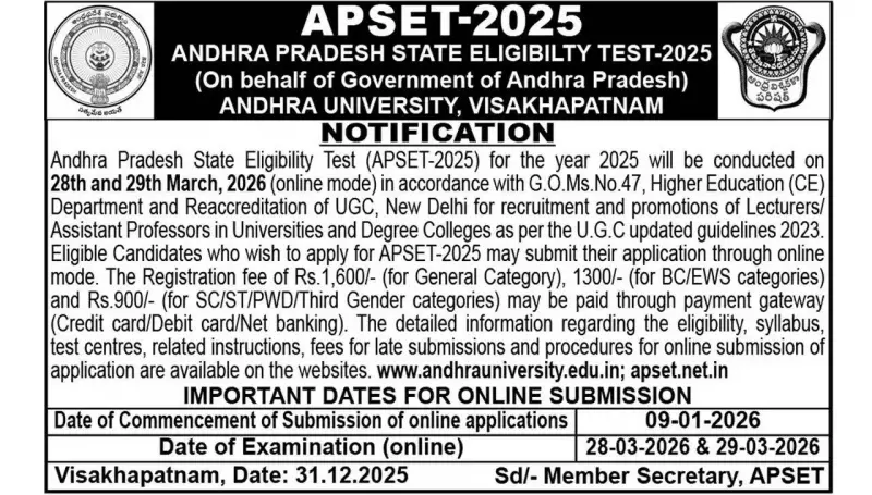 APSET 2025 Notification Out: Apply Online for Lecturer Eligibility from Jan 9