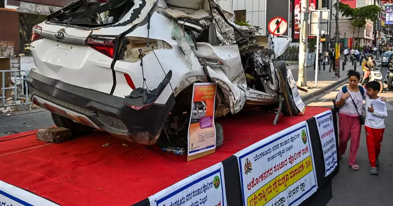 Bengaluru Police Use Wrecked Cars as Road Safety Reminders