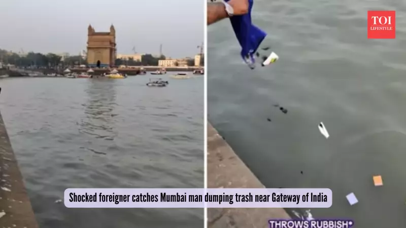 Foreign Vlogger Shocked as Man Dumps Trash Near Gateway of India, Video Goes Viral