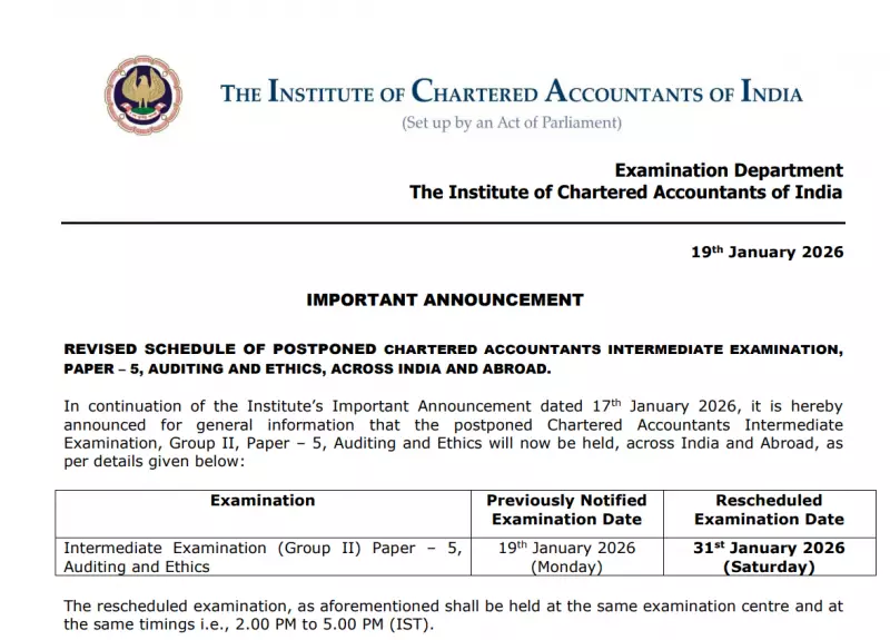 ICAI Reschedules CA Intermediate Auditing & Ethics Exam to January 31, 2026