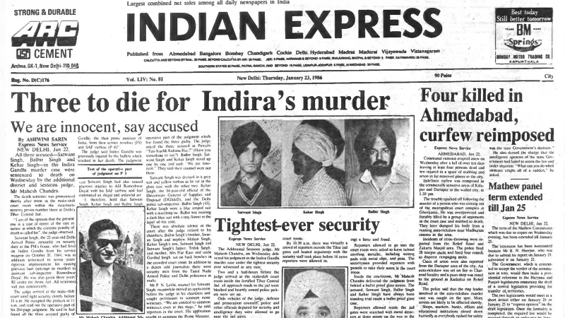 January 23, 1986: Indira Gandhi Assassins Sentenced to Death, Communal Violence in Ahmedabad