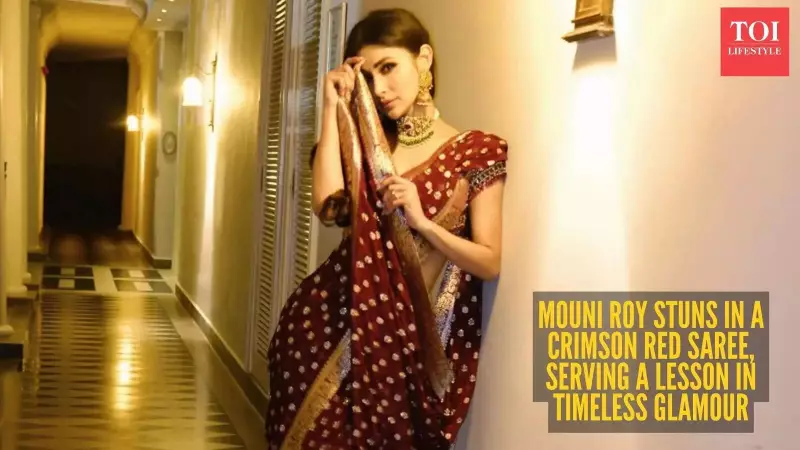 Mouni Roy Stuns in Red Monisha Jaising Saree at Nupur Sanon's Wedding