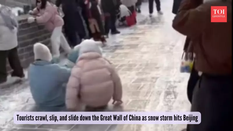 Tourists Crawl and Slide on Snow-Covered Great Wall as Beijing Faces Heavy Snowfall
