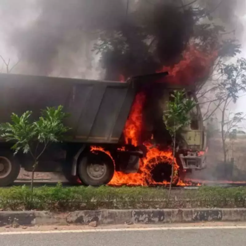 Gravel Lorry Catches Fire Near Antharam Gate, Driver Escapes Unharmed
