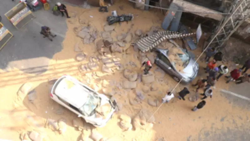 Overloaded Truck Overturns on Ludhiana Flyover, Damages Vehicles and Injures Pedestrians