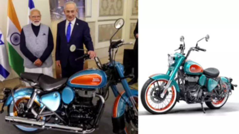 PM Modi and Israeli PM Netanyahu Pose with Royal Enfield Goan Classic 350 at Tech Expo