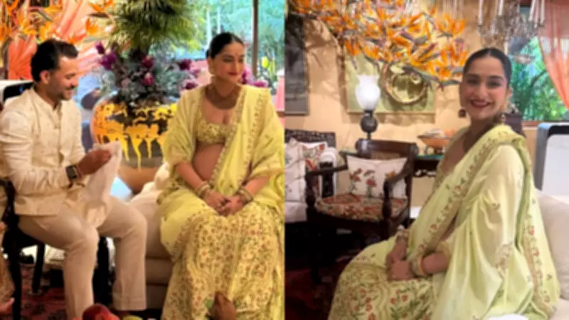 Sonam Kapoor Stuns in Lime Green at Baby Shower, Poses with Husband Anand Ahuja