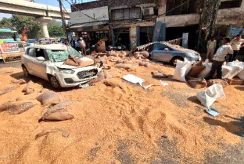 Wheat Sacks Fall from Truck on Bridge, Damaging Two Cars in Ludhiana