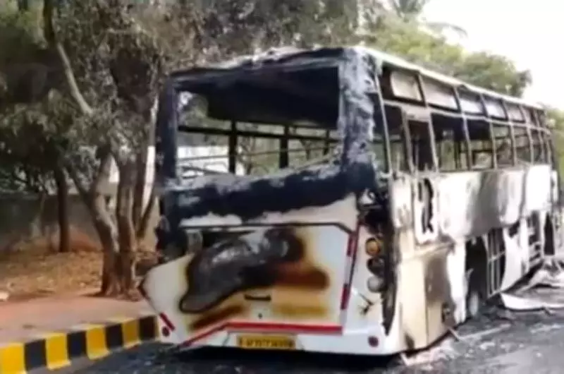 AC Bus Catches Fire After Tyre Burst on Vizag Beach Road, Driver Escapes Unharmed