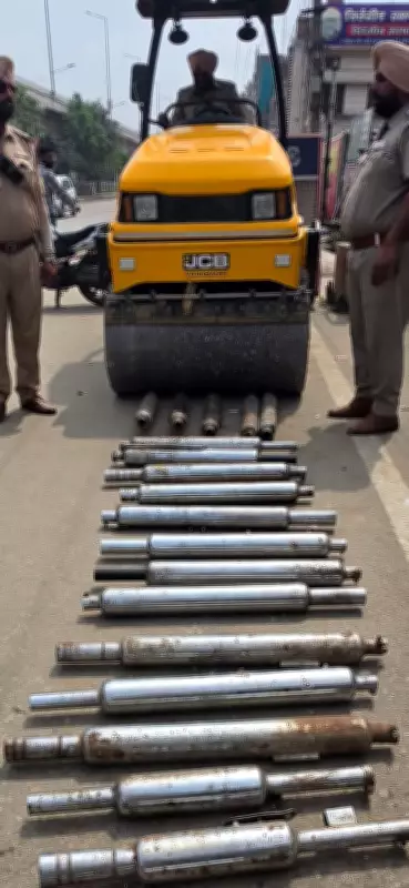 Phagwara Police Crush Modified Bullet Silencers in Crackdown on Noise Pollution