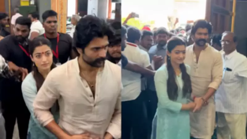 Vijay Deverakonda Protects Wife Rashmika Mandanna from Mob at Temple on Anniversary
