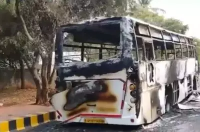 AC Bus Catches Fire After Tyre Burst on Vizag Beach Road, Driver Escapes Unharmed