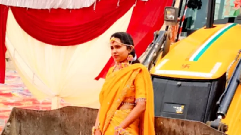 Bride Rides JCB Machine During Matkor Ritual in Uttar Pradesh Wedding