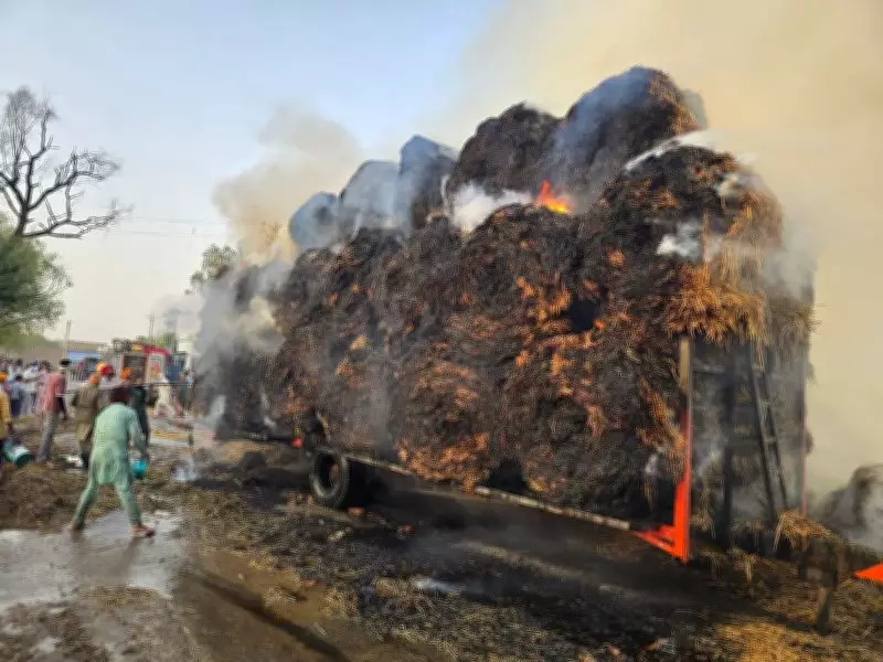 Overloaded Wheat Straw Trailer Catches Fire in Abohar, Punjab