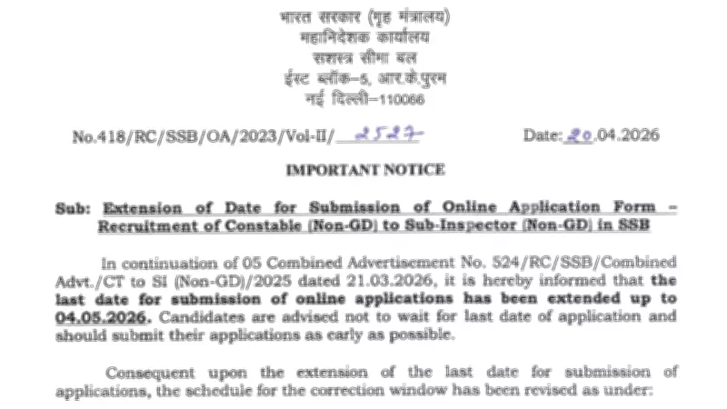 SSB Recruitment 2026: Application Deadline Extended to May 4 for 1194 Vacancies