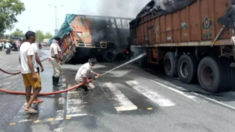 Truck-Trailer Collision on NH-33 Sparks Fire, Drivers Escape Unhurt