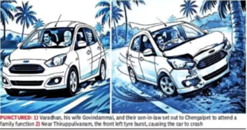 Tyre Burst Tragedy: Elderly Couple Killed, Son-in-Law Injured in Uthiramerur Car Crash