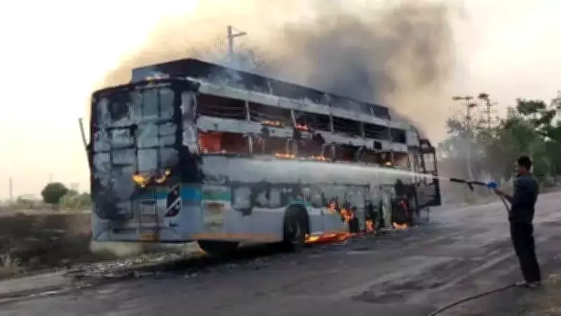 Bus Catches Fire After Collision with Motorcycle in Akola, No Casualties