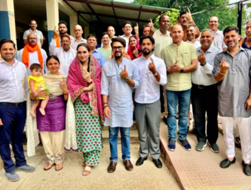 Dhumal, Anurag Thakur Cast Votes at Sameerpur Polling Station