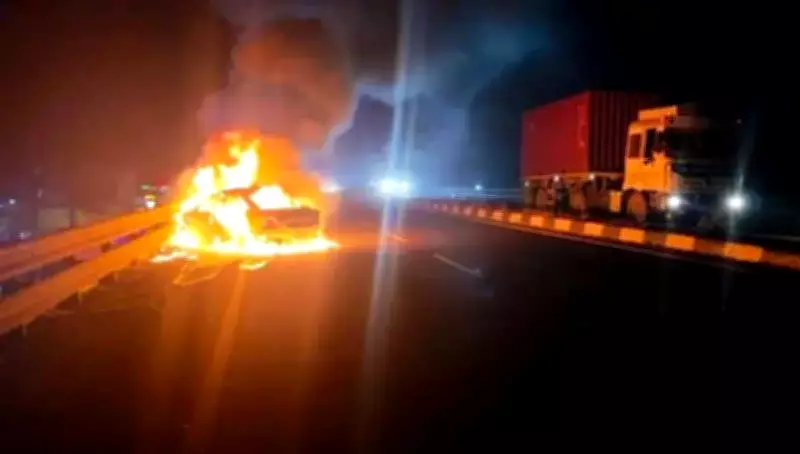 Driver dies as car crashes into flyover railings, catches fire near Pune
