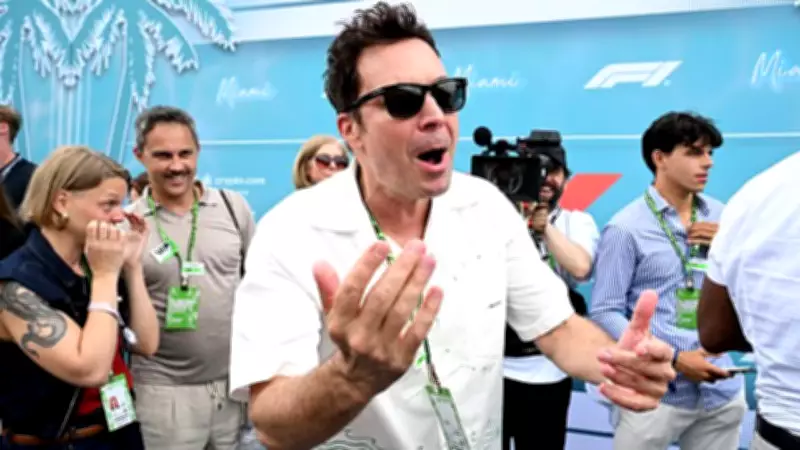 Jimmy Fallon Bites Microphone Cover at F1 Race, Jokes About It on His Show