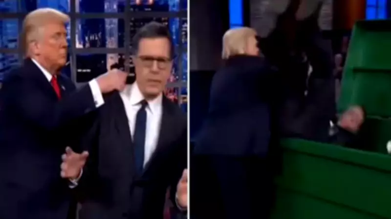 Trump Tosses Colbert into Dumpster in AI Clip, Dances to YMCA
