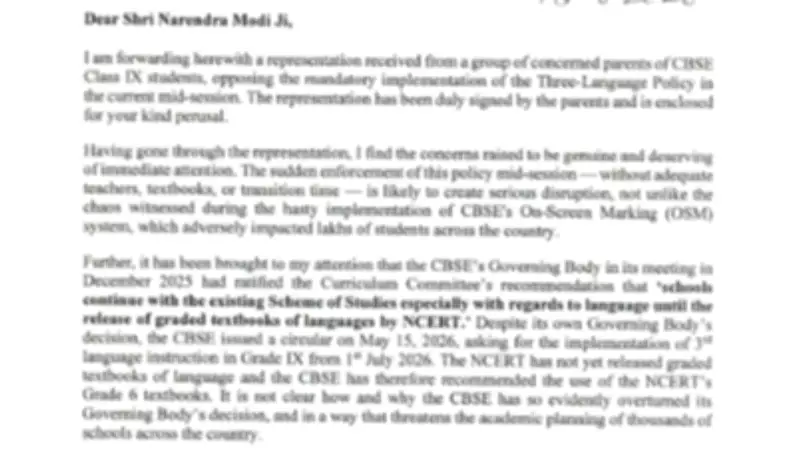 Parliamentary Panel Chair Urges PM to Halt CBSE Three-Language Policy