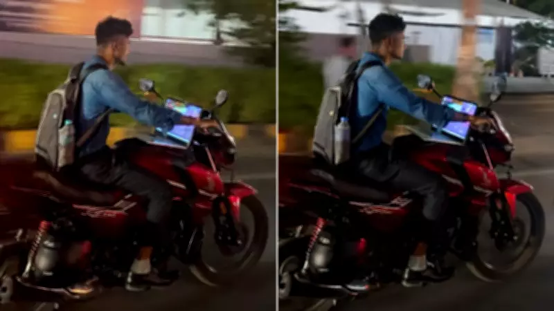 Telangana Biker Uses Laptop While Riding Through Traffic, Viral Video Sparks Outrage