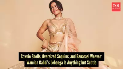 Wamiqa Gabbi Stuns in Golden Banarasi Lehenga with Cowrie Shells