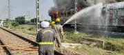 Freight train carrying cars catches fire in Firozabad, no casualties