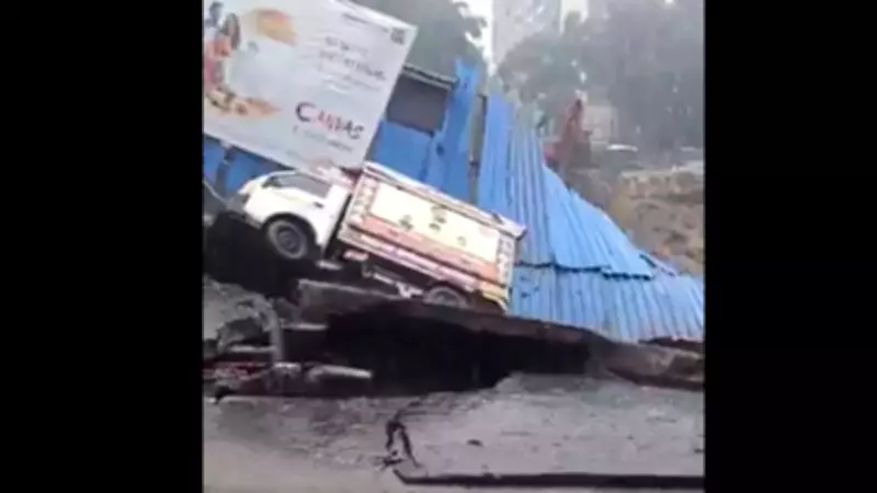 Bhandup Road Cave-In After Heavy Rains in Mumbai, Vehicles Submerged